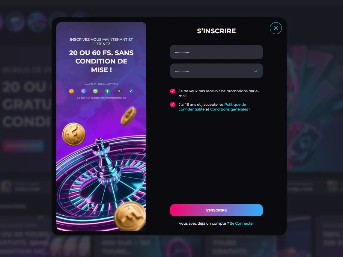 Formulaire d'inscription Flouz avec champs masqués, case d'âge et bouton S'inscrire