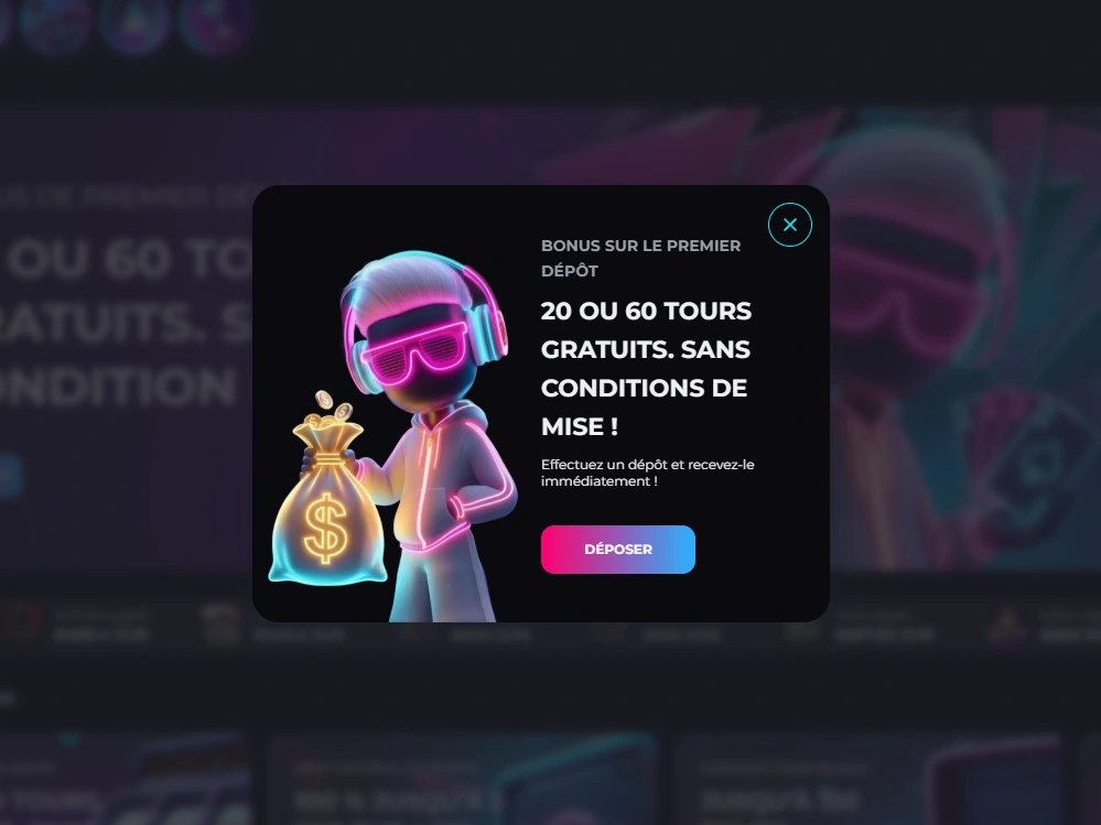 Page affichant le bonus de premier dépôt et le bouton Déposer pour accéder à la caisse