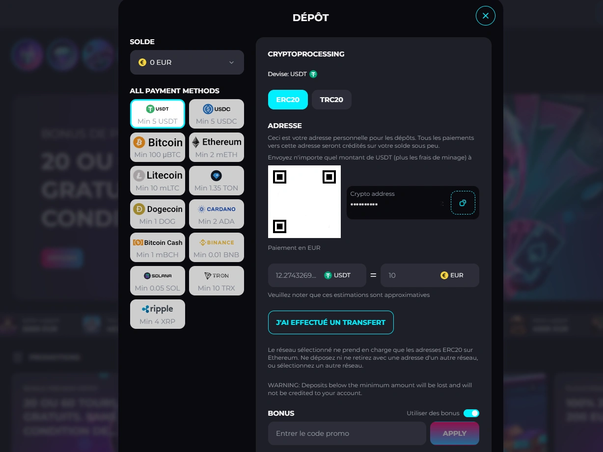 Caisse de dépôt crypto avec QR code, adresse USDT et bouton confirmant le transfert effectué